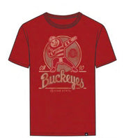 A red short-sleeve crewneck t-shirt featuring a vintage-style graphic of the Buckeyes mascot dabbing, with '04 Buckeyes' and 'OHIO STATE' printed on the front.