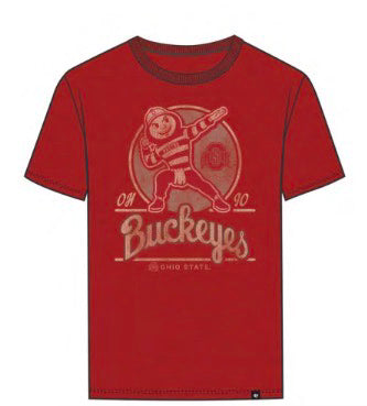 A red short-sleeve crewneck t-shirt featuring a vintage-style graphic of the Buckeyes mascot dabbing, with '04 Buckeyes' and 'OHIO STATE' printed on the front.
