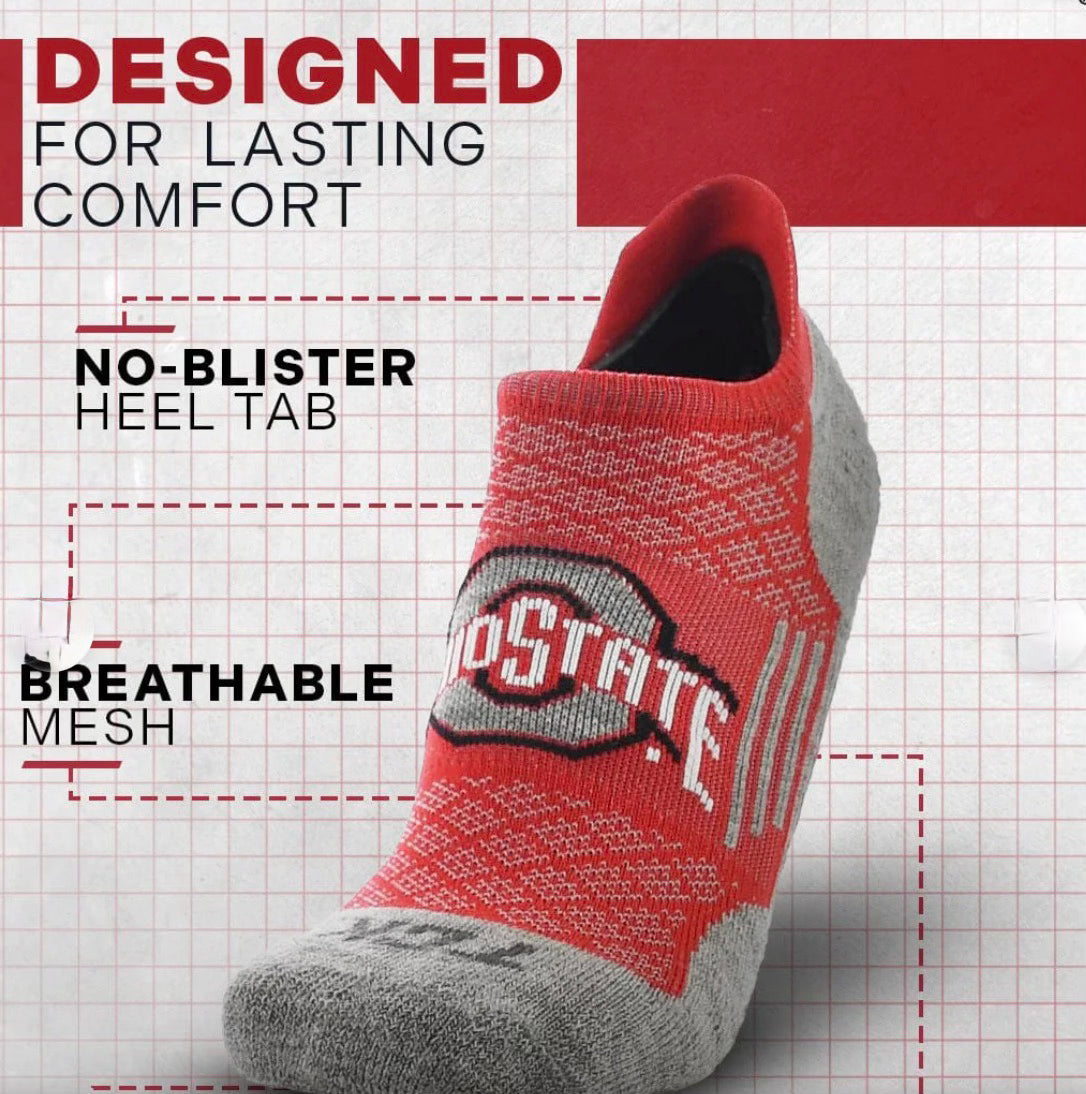 Red and gray sock with 'OSU' logo on a grid background, featuring text about comfort and features.