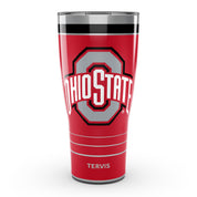 A red Ohio State themed travel tumbler with a large gray and white 'OHIO STATE' logo on the front, a black band near the lid, and the name 'TERVIS' printed near the bottom.