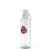 A clear plastic water bottle with a white flip-top lid and carry loop, featuring the Ohio State Buckeyes logo printed on the front.