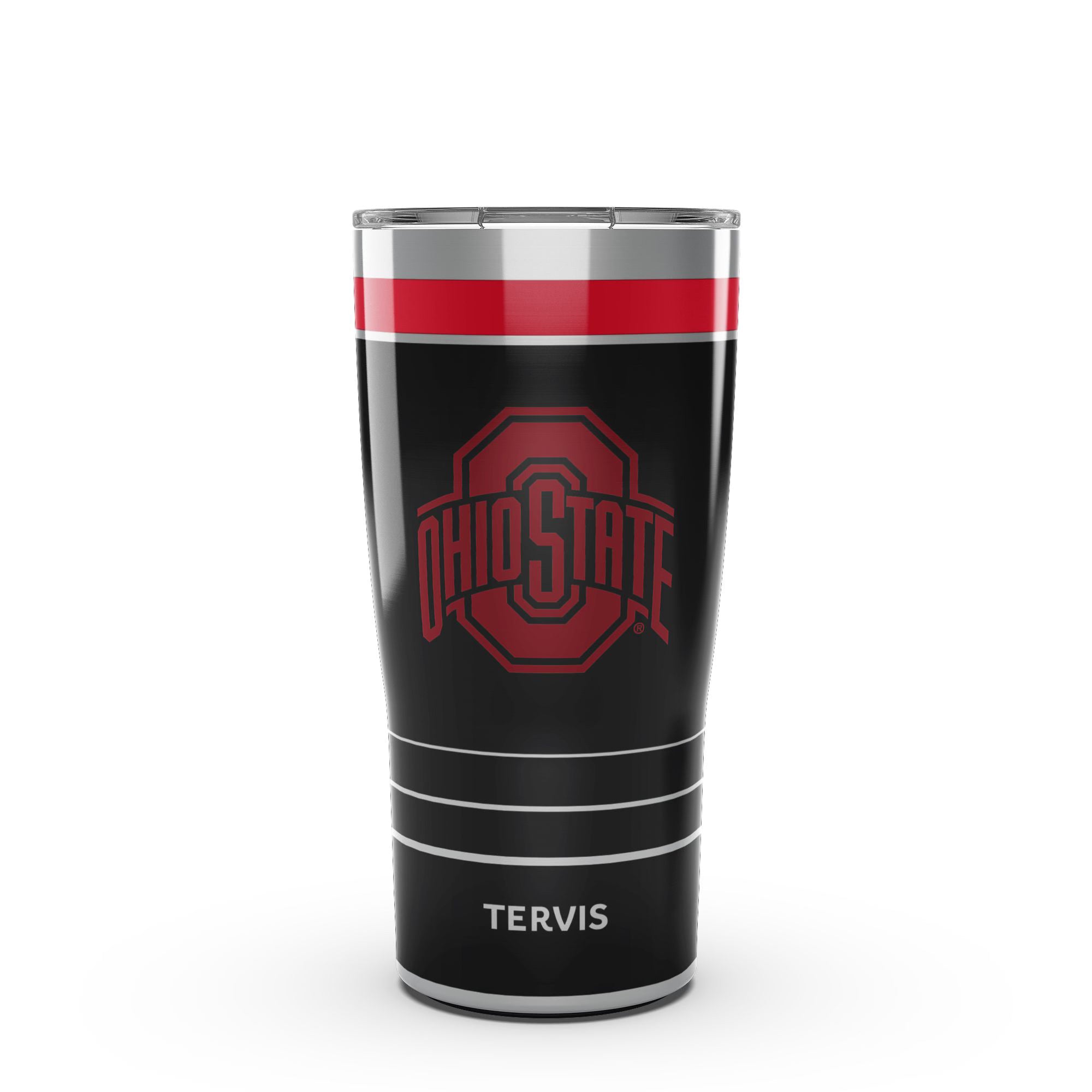 A black insulated travel tumbler with a silver lid, featuring the red Ohio State Buckeyes logo and 'TERVIS' printed on the front, set against a plain white background.