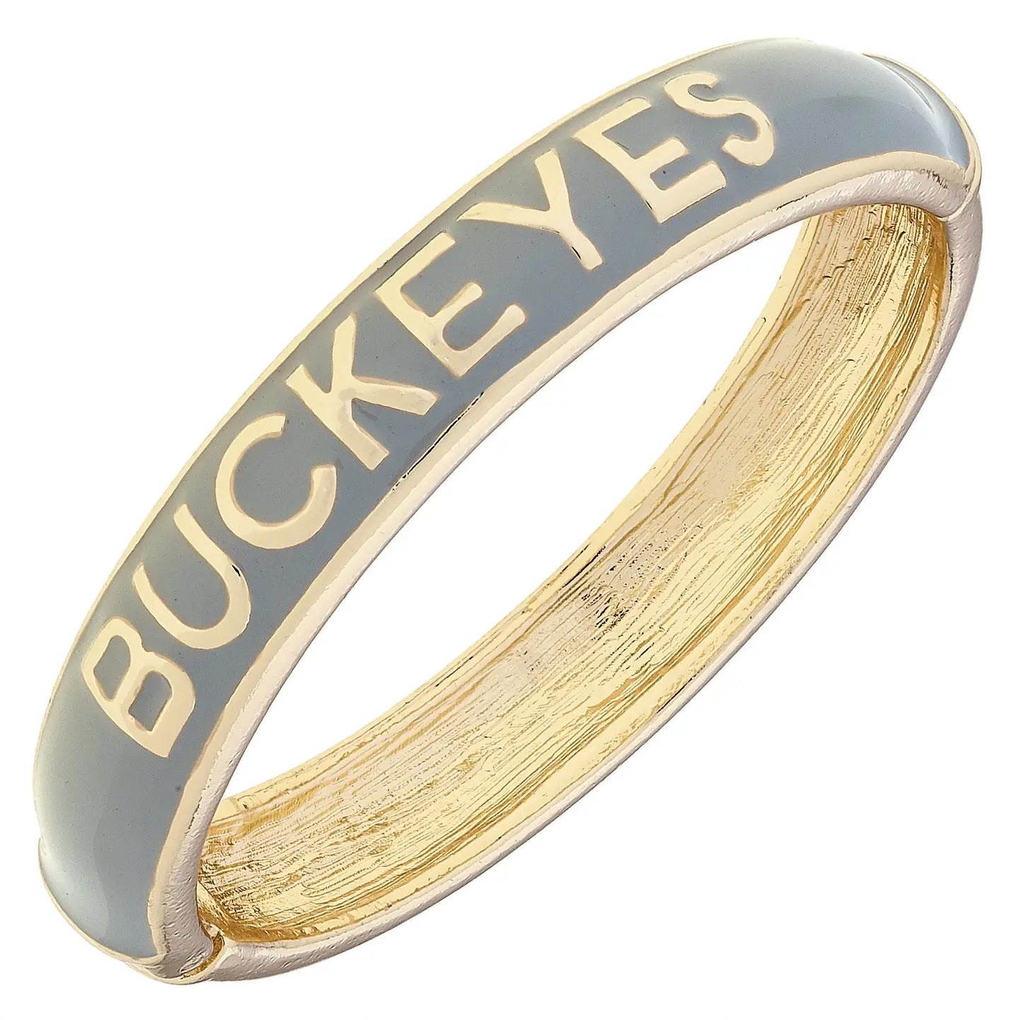 A gold band ring featuring a smooth, light blue-gray enamel inlay with the word 'BUCKEYES' raised in gold lettering, shown on a plain white background.