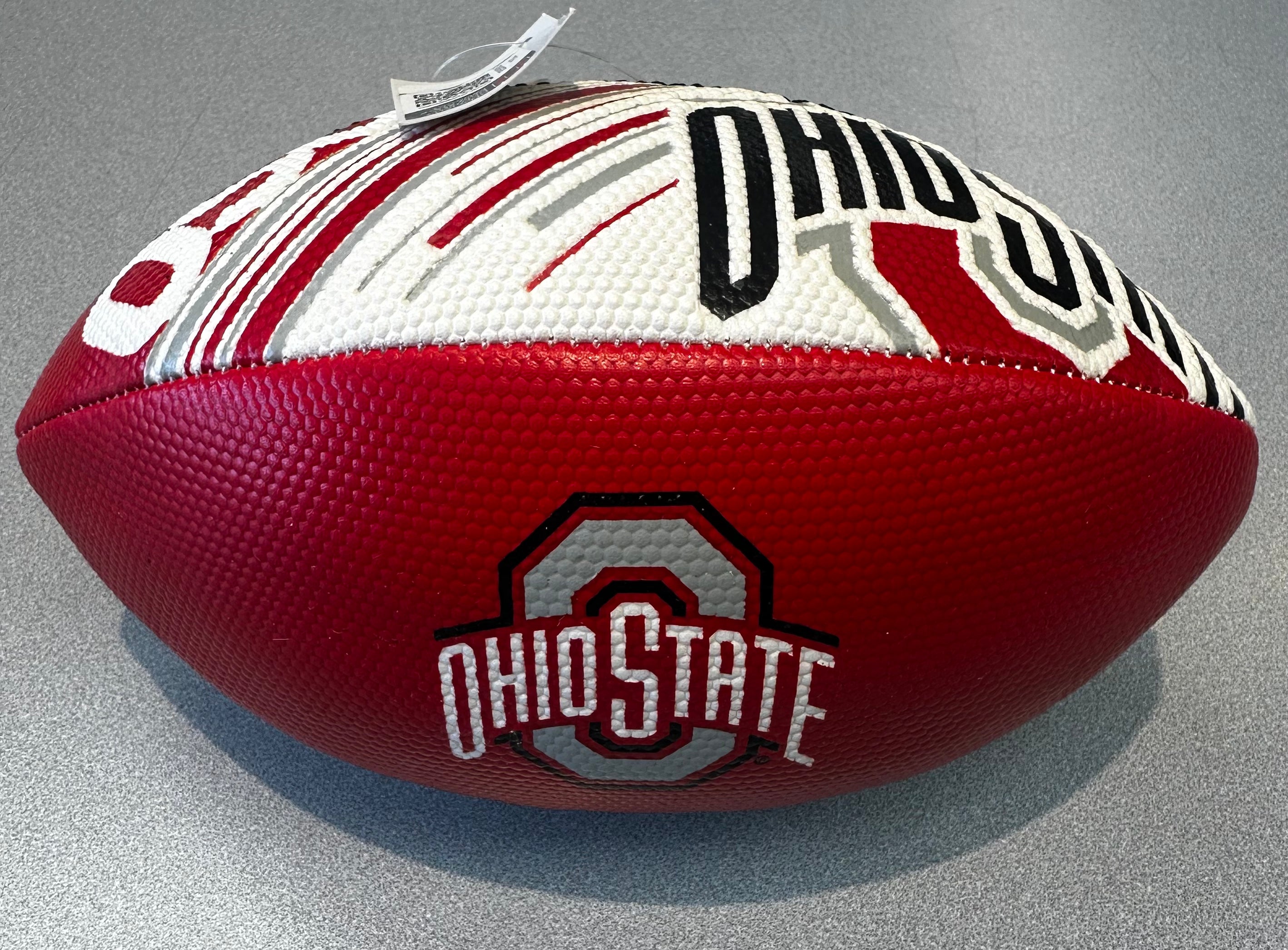 Red and white football with Ohio State logo on a gray background