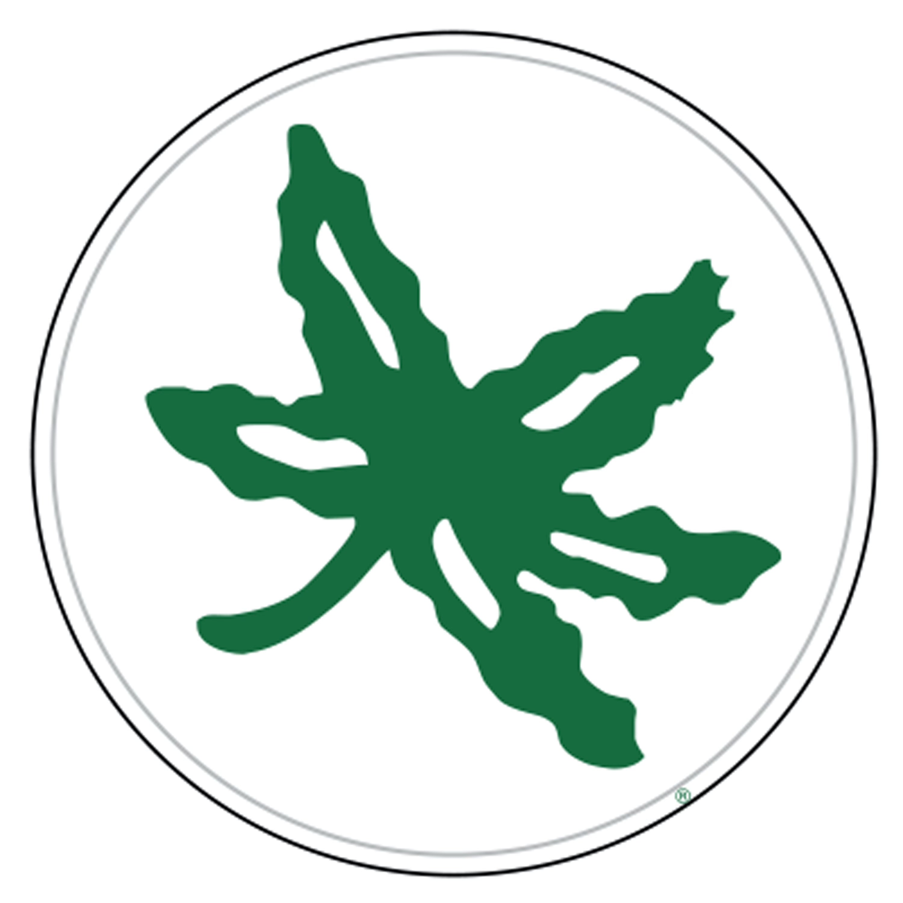 A circular white decal or sticker featuring a green stylized maple leaf graphic, bordered by a thin black ring on a white background.
