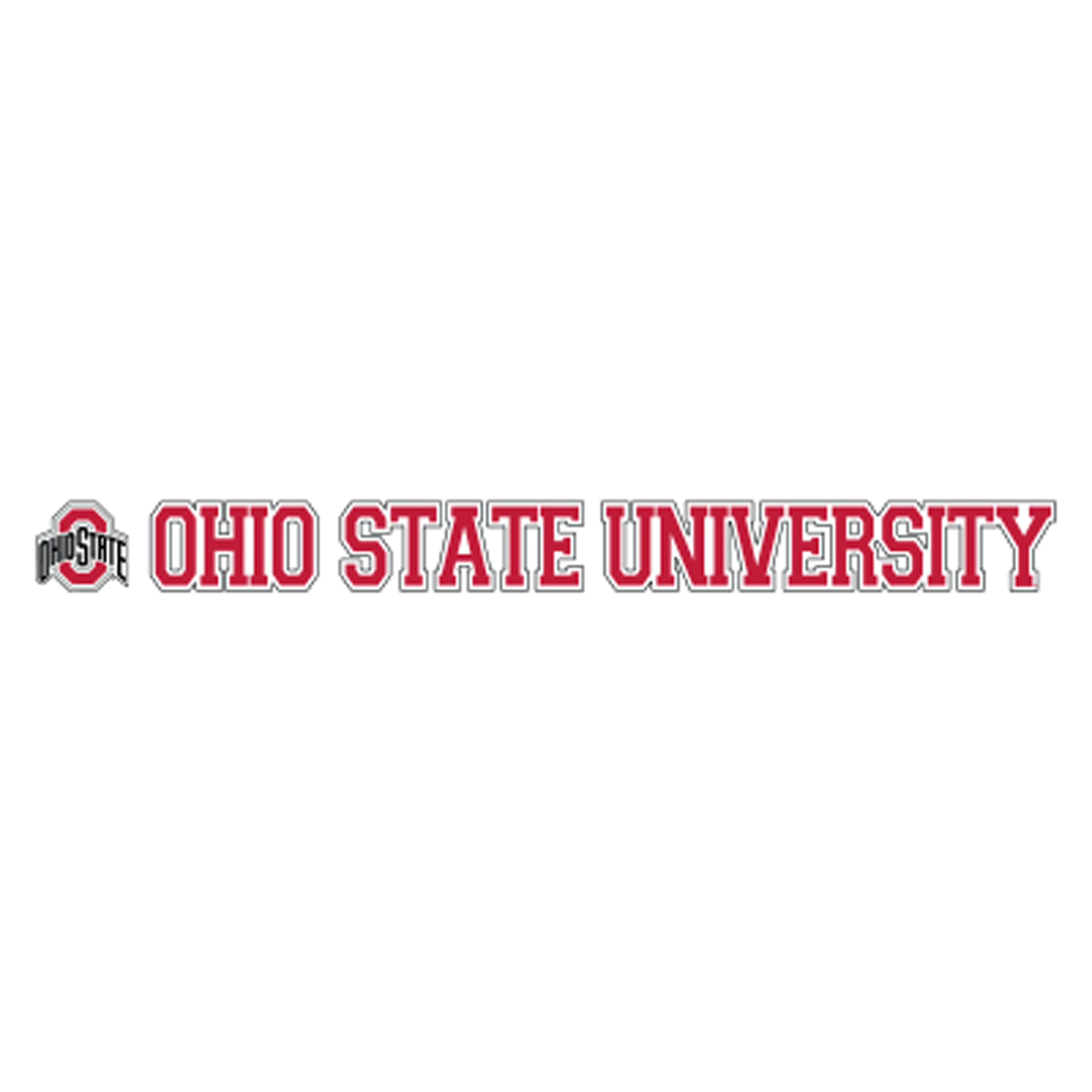 A horizontal Ohio State University logo decal featuring the red and white Ohio State mark followed by the words 'OHIO STATE UNIVERSITY' in red block letters with white outlines, on a plain white background.