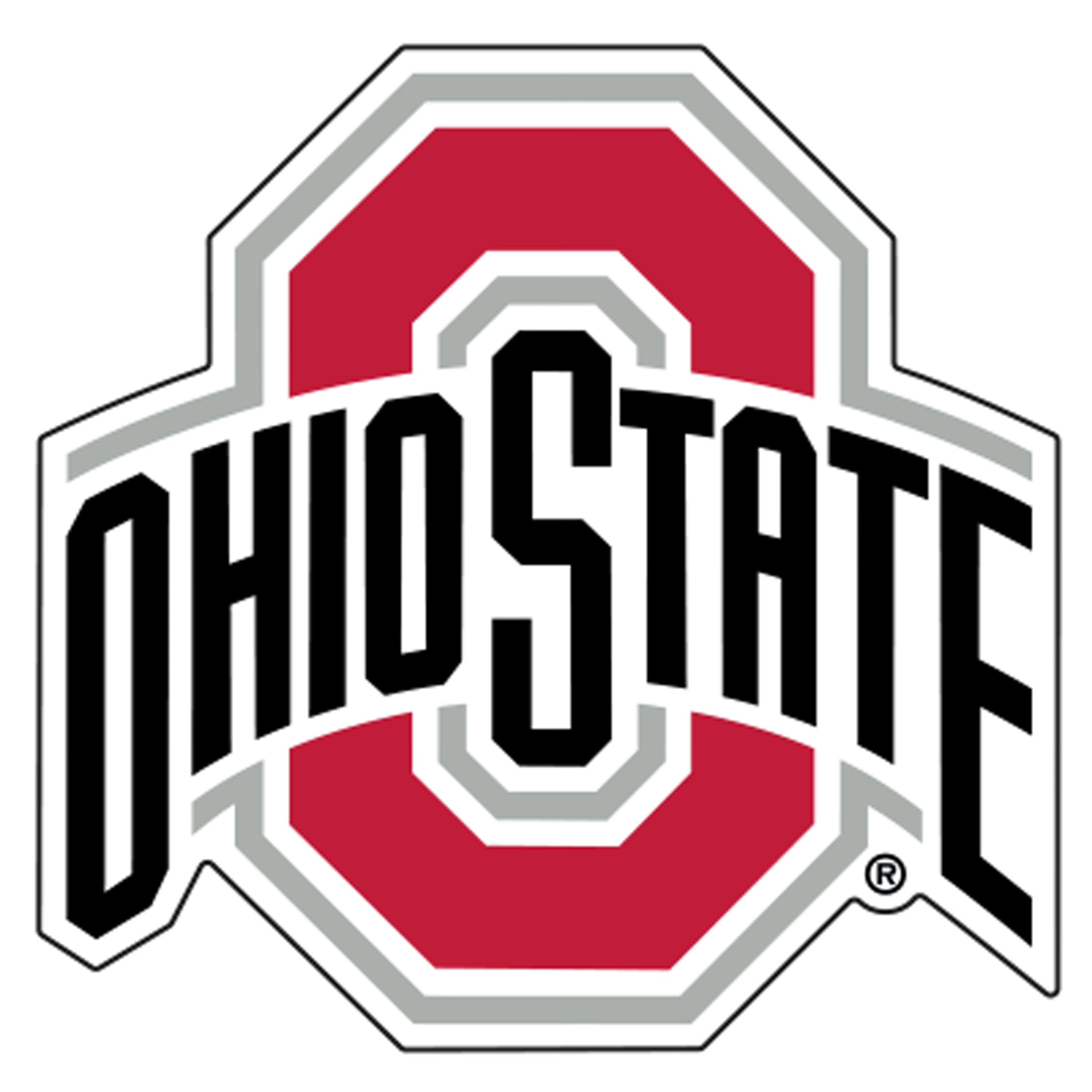 Ohio State Buckeyes logo decal featuring a red block 'O' with gray and white outlines, black 'OHIOSTATE' lettering, and a white border on a black background.