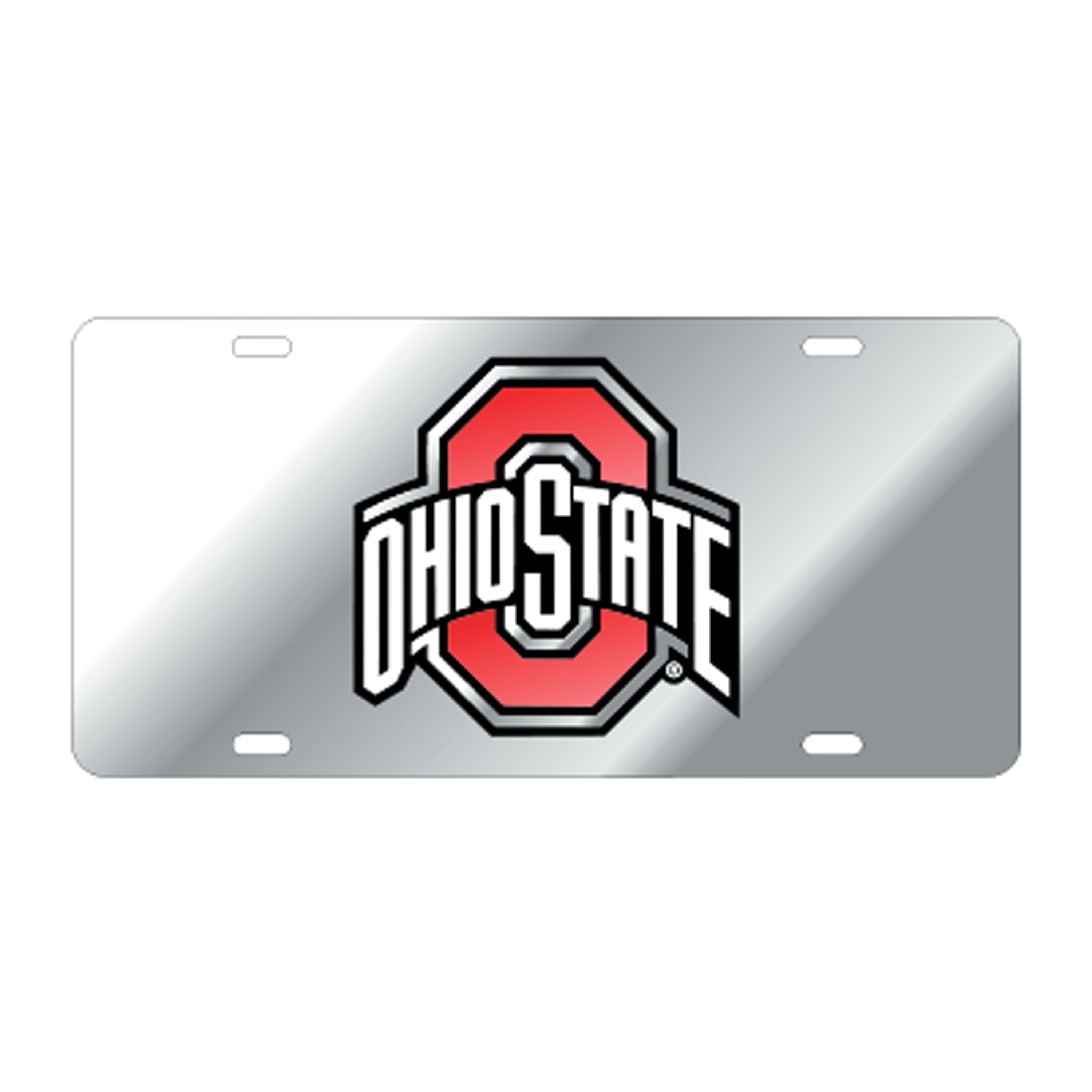 A rectangular silver license plate featuring the red and white Ohio State Buckeyes logo in the center, shown on a plain white background.