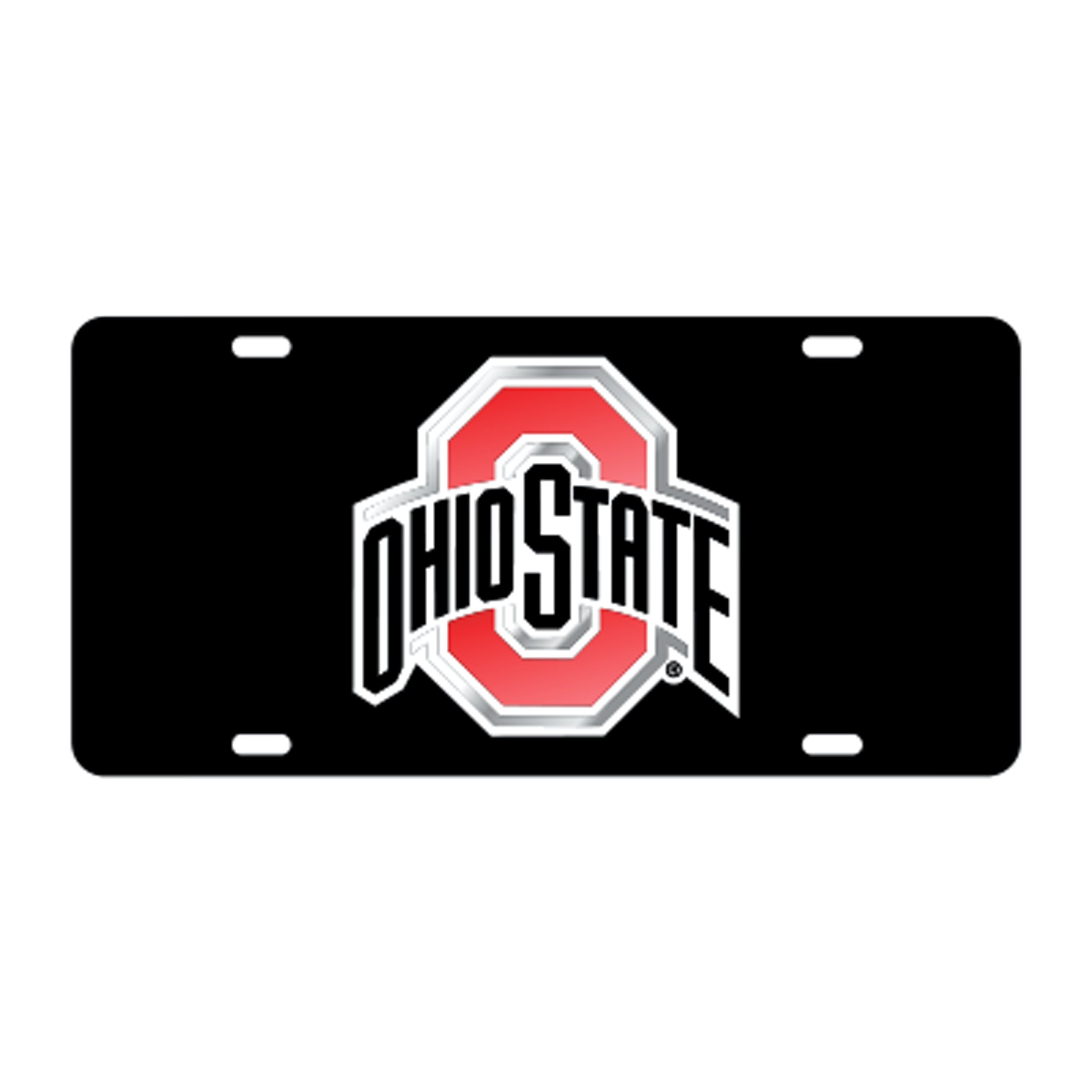 A black license plate featuring the Ohio State Buckeyes logo in red, white, and gray, centered on a plain white background.