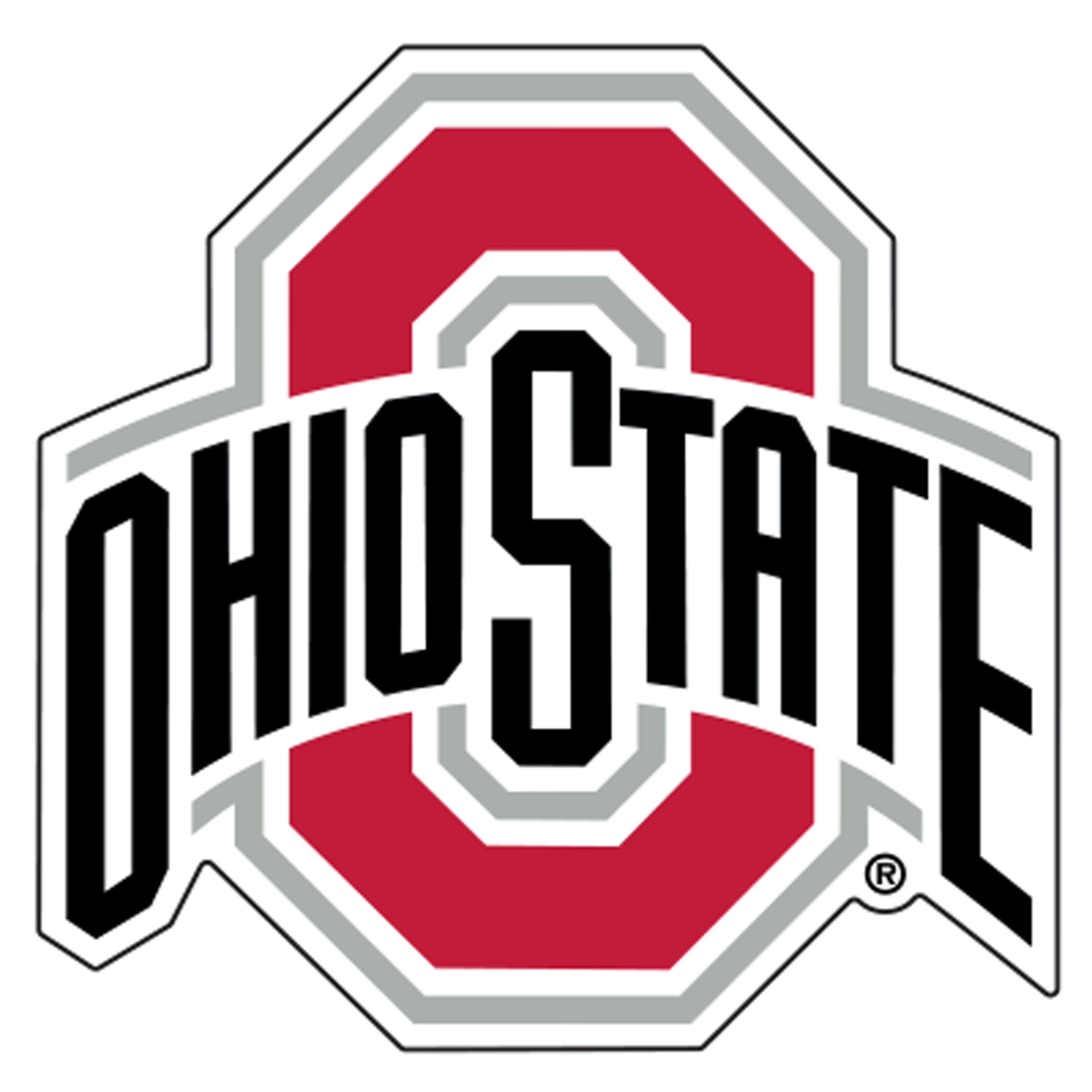 Ohio State Buckeyes logo decal featuring a red block 'O' with gray and white outlines, black 'OHIOSTATE' lettering, and a white border on a black background.