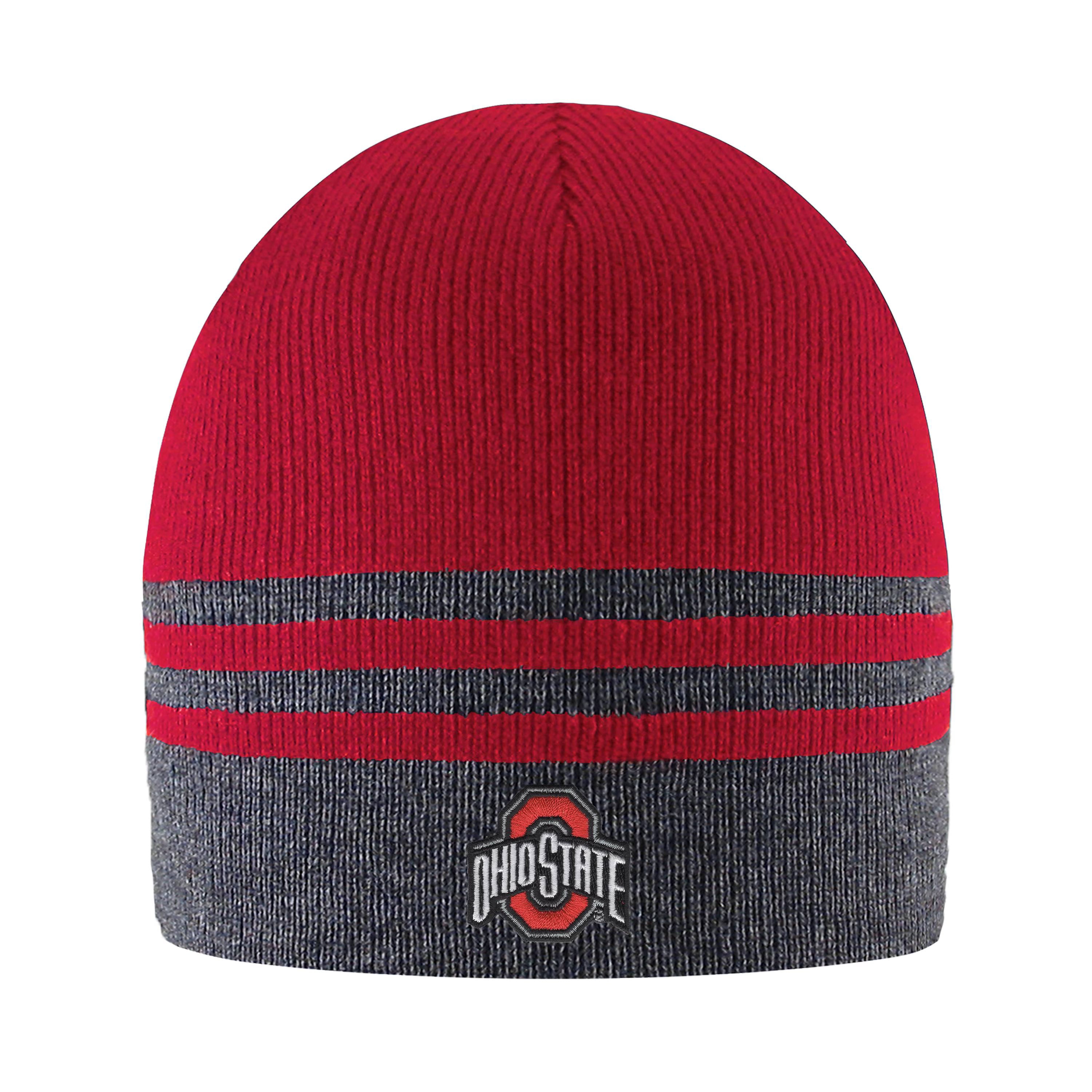 Red and gray beanie with Ohio State logo on a white background