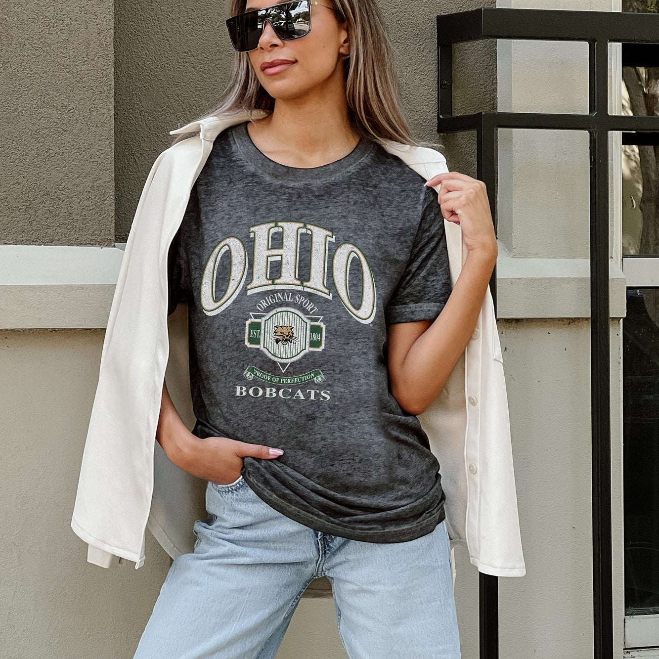 front of Ohio Bobcats Switch It Up Acid Wash Boyfriend Tee