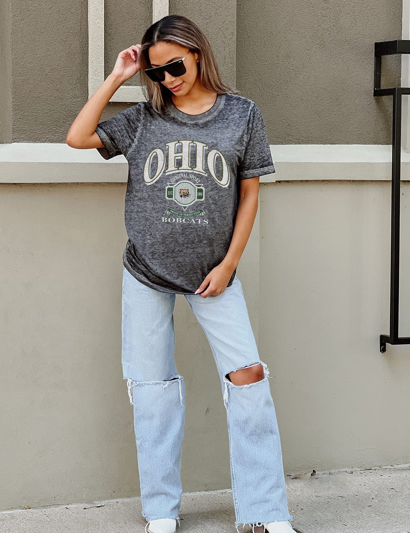 side of Ohio Bobcats Switch It Up Acid Wash Boyfriend Tee