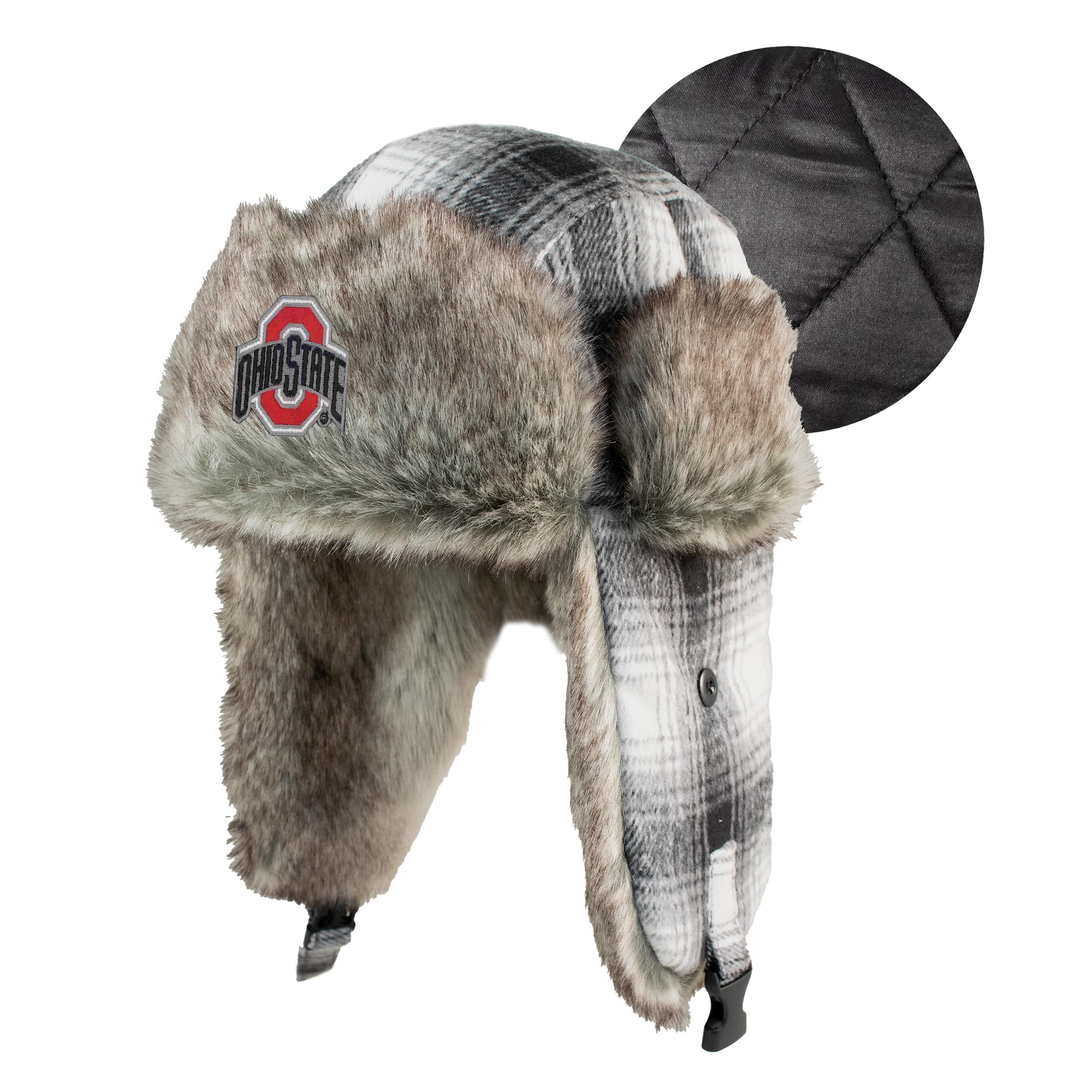 Fur-trimmed hat with plaid pattern and Ohio State logo on a white background