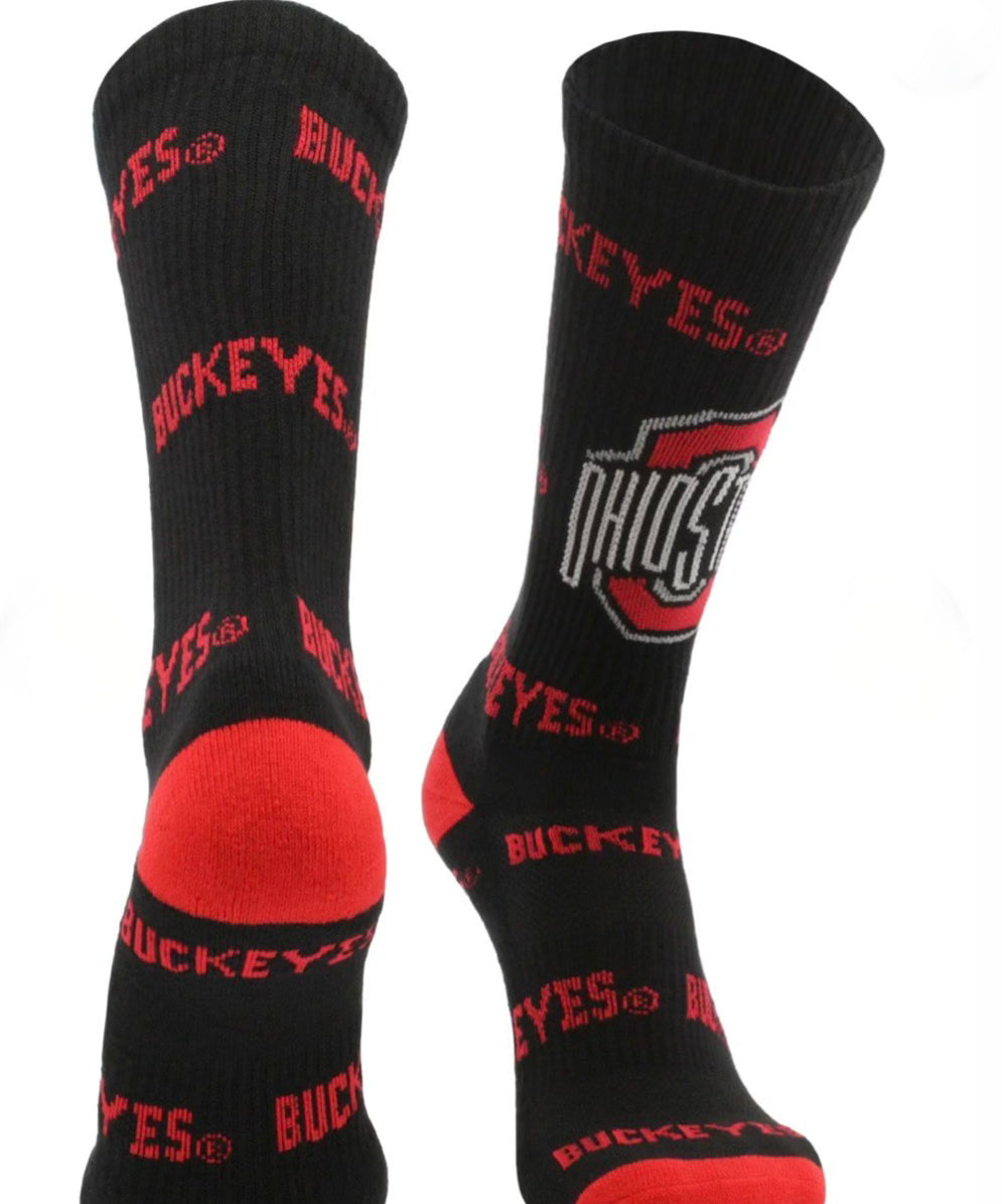 Black socks with red accents and 'Buckeyes' text on a white background