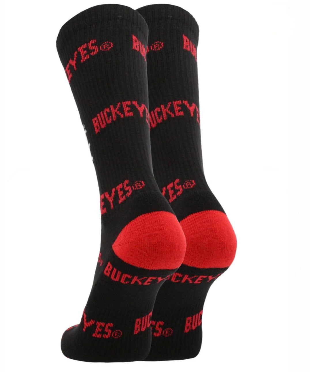 Black socks with red accents and text on a white background