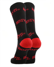 Black socks with red accents and text on a white background