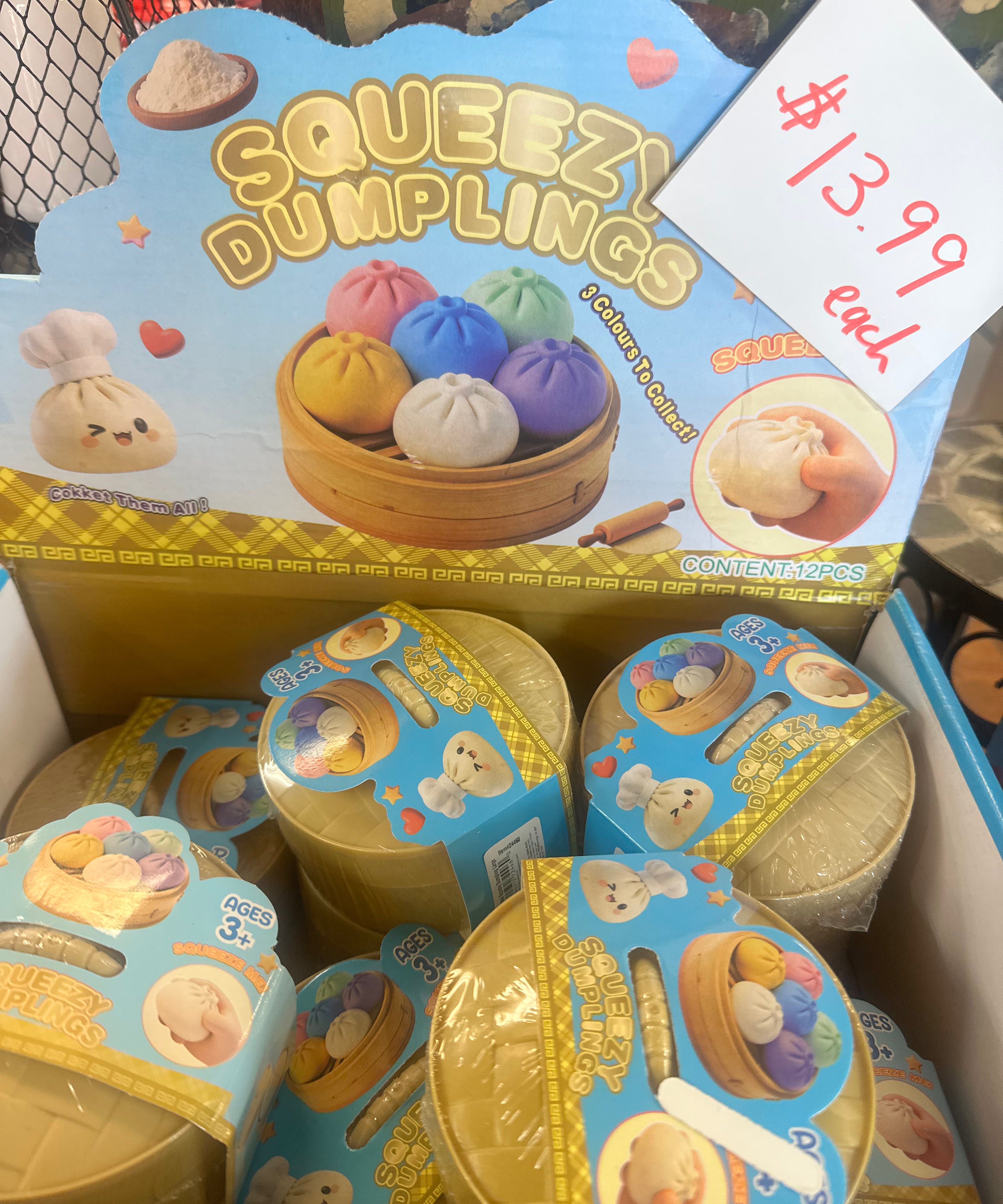 A retail display box filled with small round plastic toy dumpling containers. The top card reads 'SQUEEZI DUMPLINGS' with cartoon dumplings and a hand squeezing one, plus a handwritten price tag showing $13.