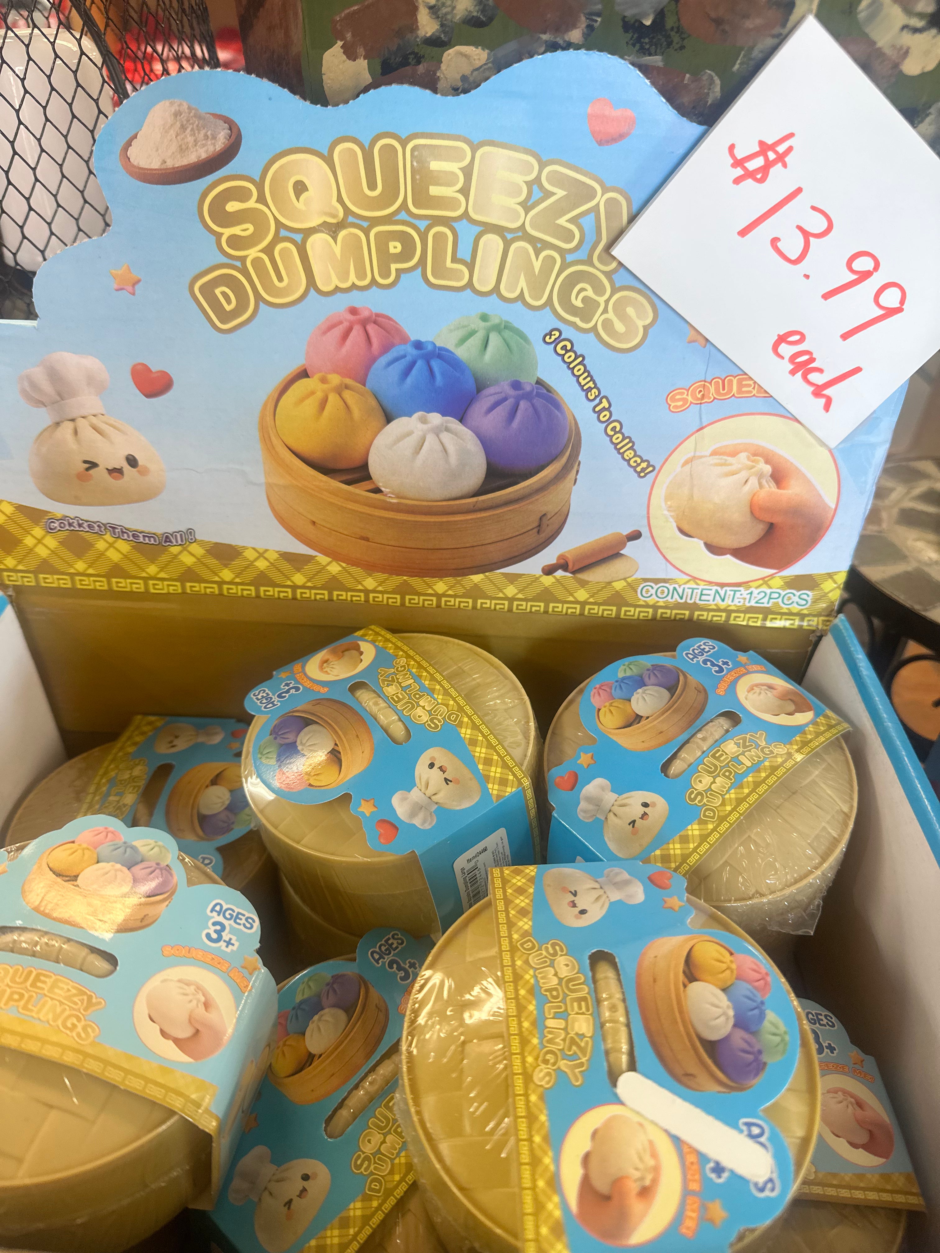 A retail display box filled with small round plastic toy dumpling containers. The top card reads 'SQUEEZI DUMPLINGS' with cartoon dumplings and a hand squeezing one, plus a handwritten price tag showing $13.