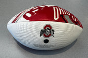 White and red football with Ohio State logo on a gray background