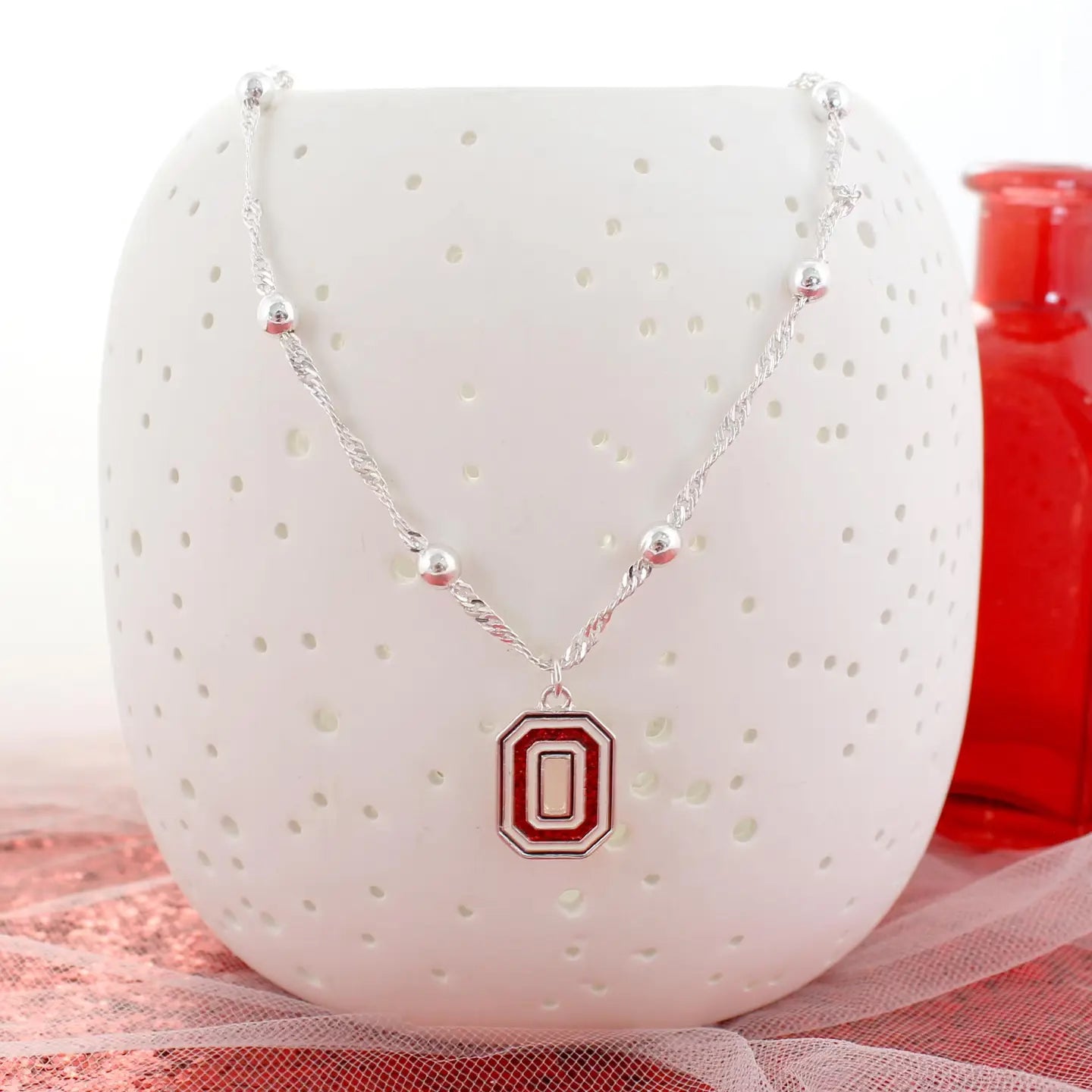 buckeye letter O block necklace with beads 