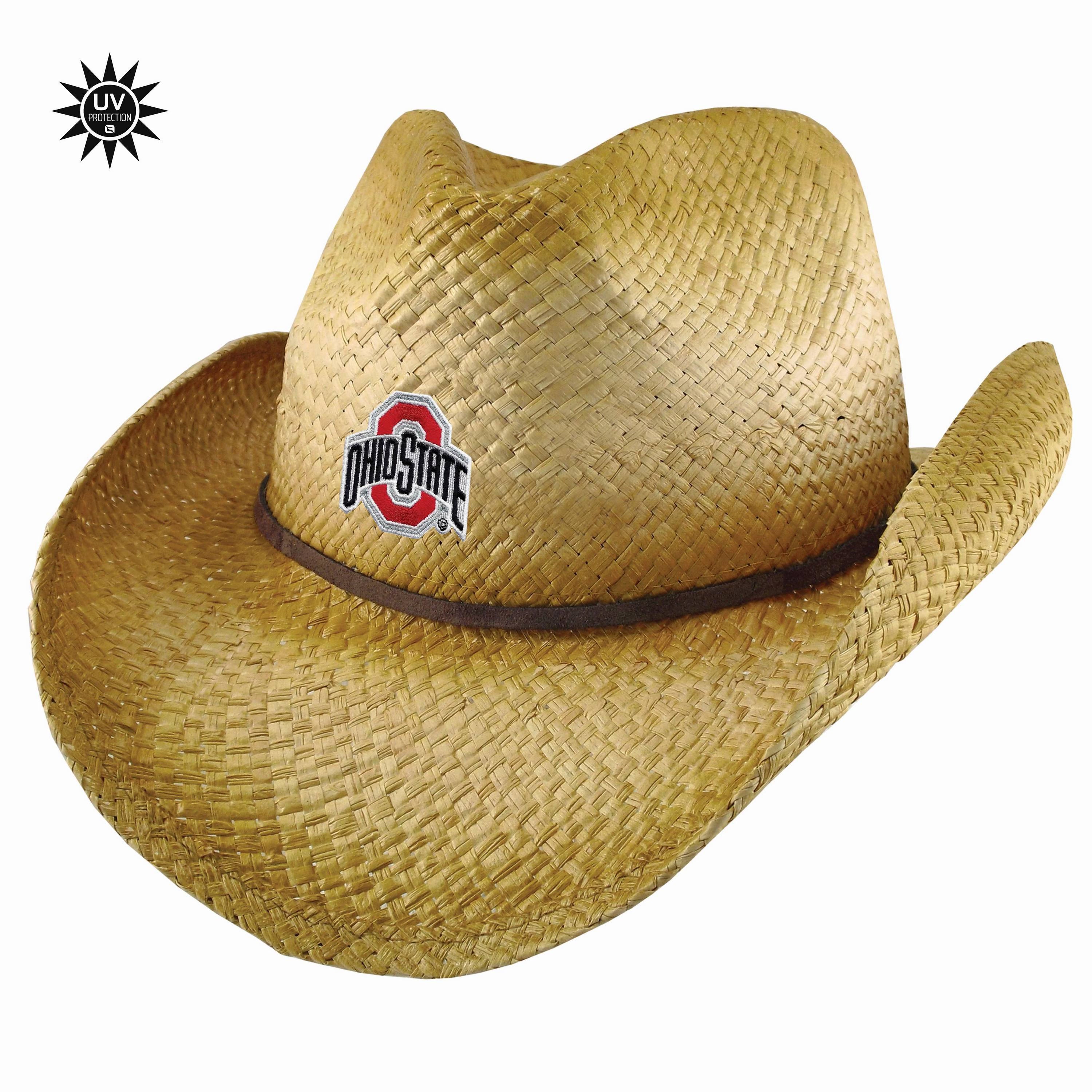 Straw cowboy hat with Ohio State logo on a white background