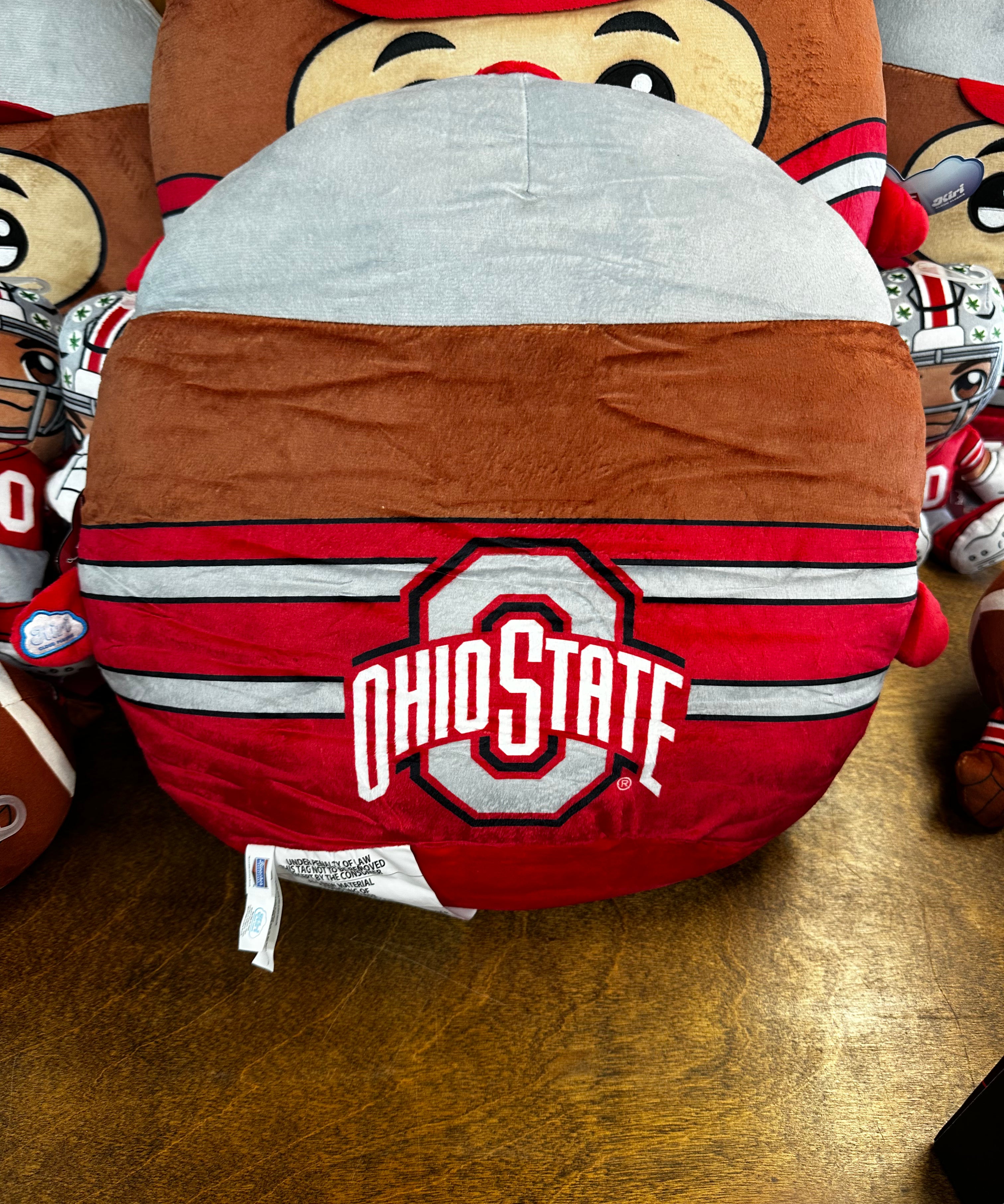 Ohio State-themed pillow on a wooden surface with other items in the background