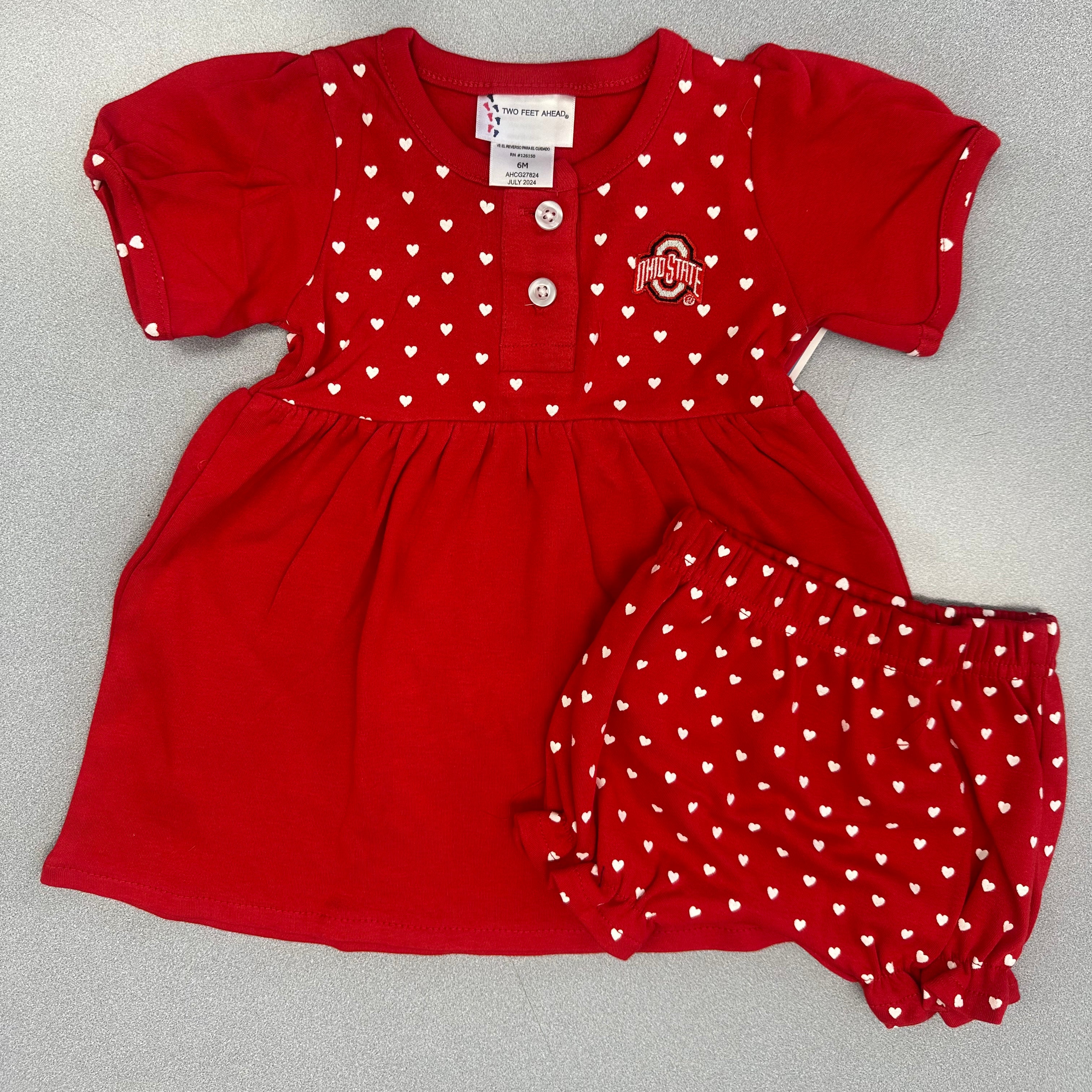 carlet and gray Ohio State heart sundress with bloomers for infants