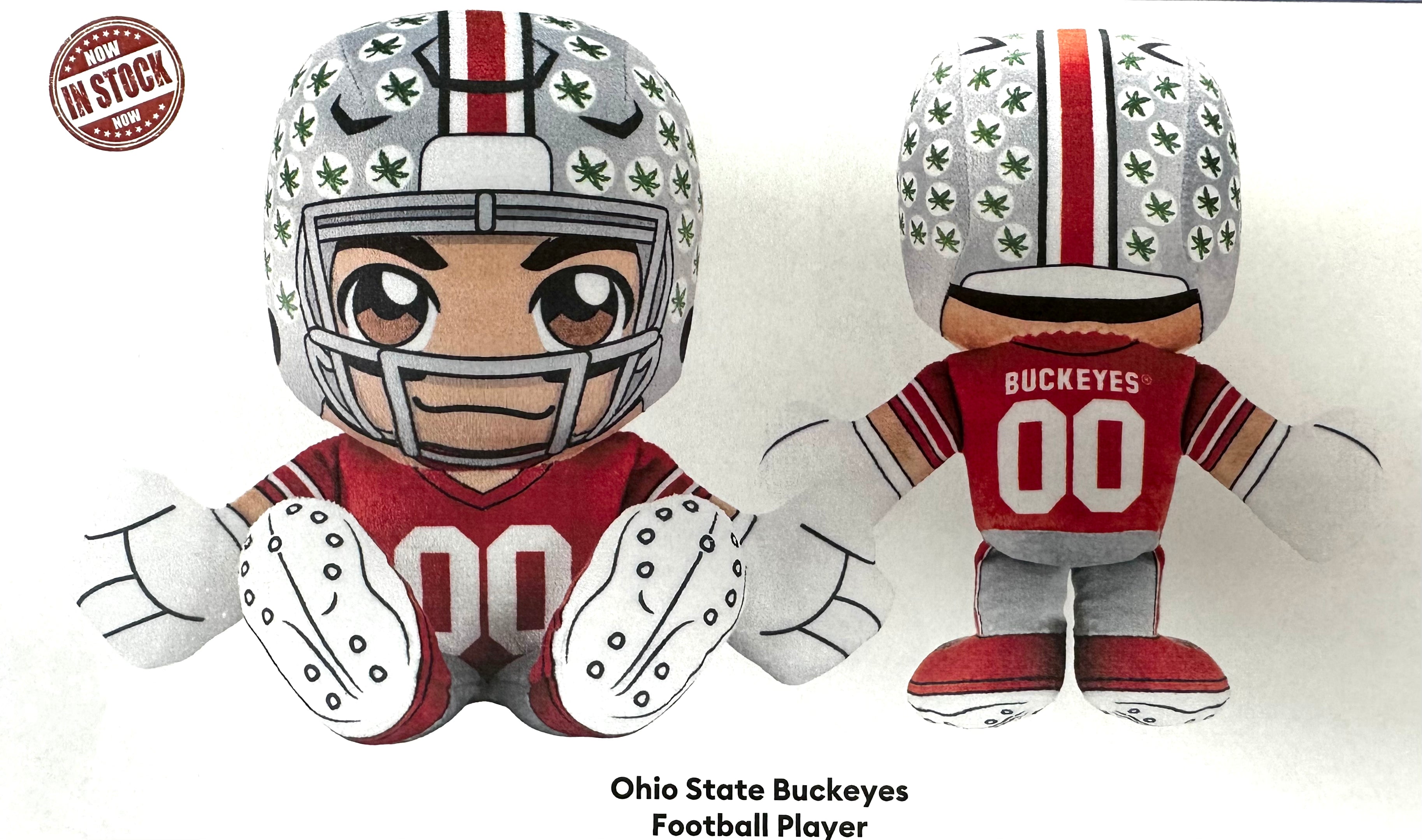Ohio State Buckeyes plush toy with helmet and uniform on a white background