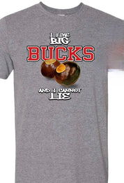 A heather gray short-sleeve t-shirt featuring a graphic print of two chestnuts with the text 'I LIKE BIG BUCKS AND I CANNOT LIE' in white and red lettering.