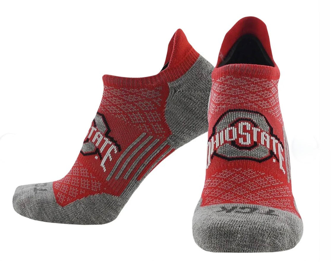 Red and gray socks with Ohio State logo on a white background