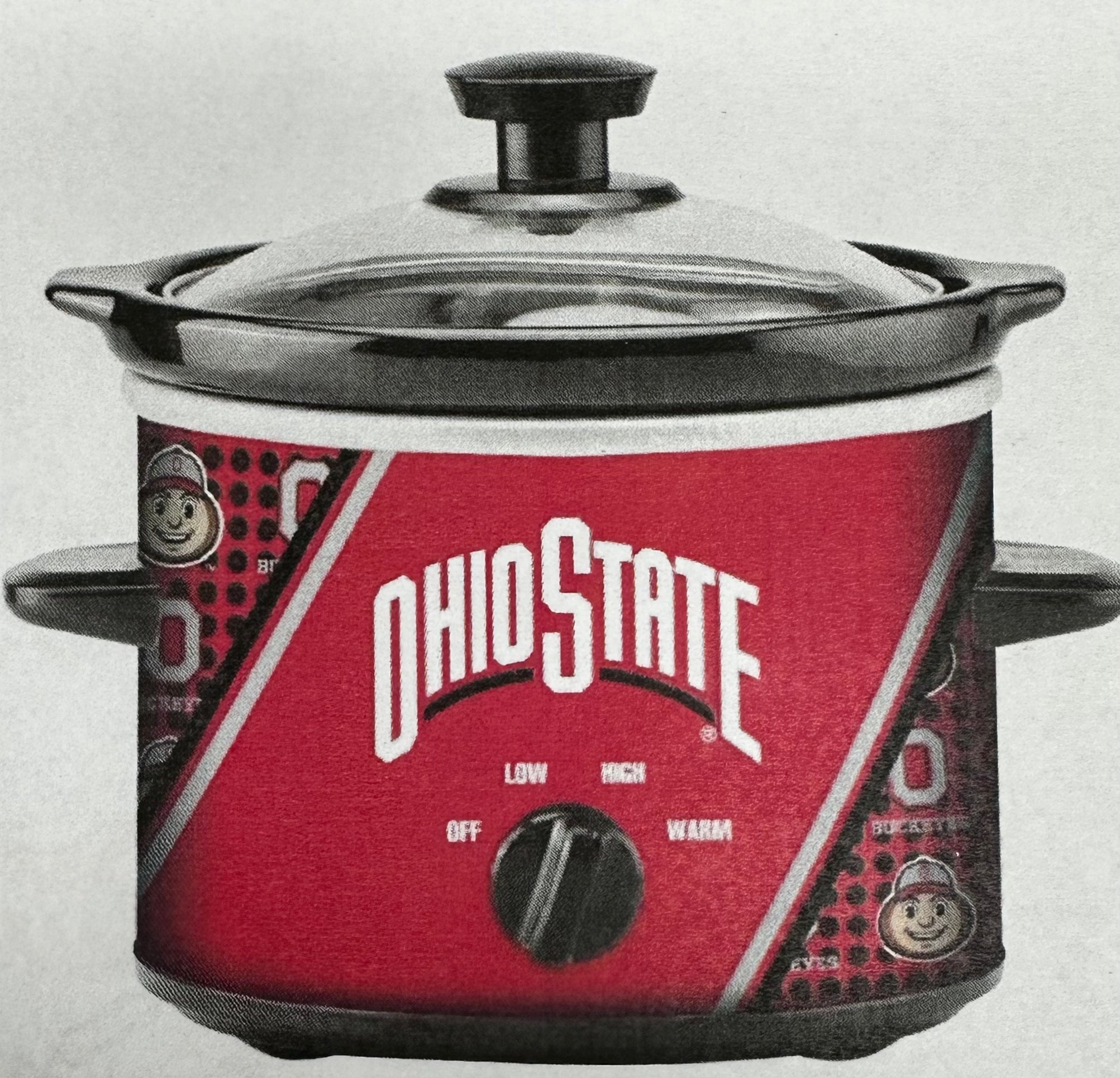 Ohio State-themed slow cooker with red and black design on a light gray background