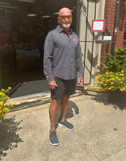 Mens shirt, outside store, staffers wearing shirt