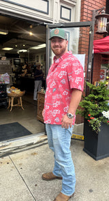 OHIO STATE KEKAI RED HAWAIIAN BUTTON-UP WITH BRUTUS AND LOGO