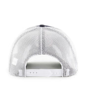 White mesh trucker cap viewed from the back, featuring a white plastic snapback closure and a black button on top.