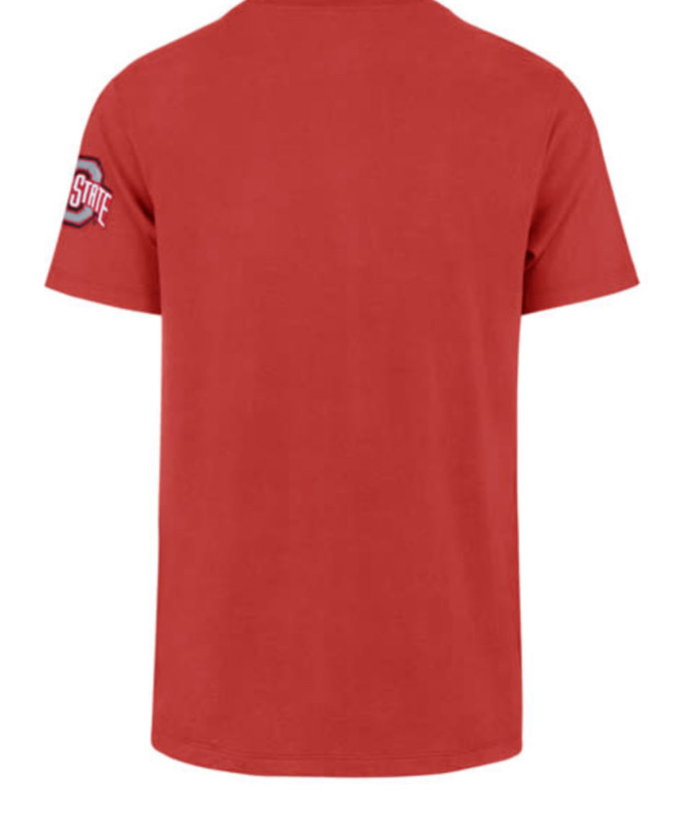 A red short-sleeve t-shirt shown from the back, featuring a small Ohio State logo patch on the left sleeve, set against a plain white background.