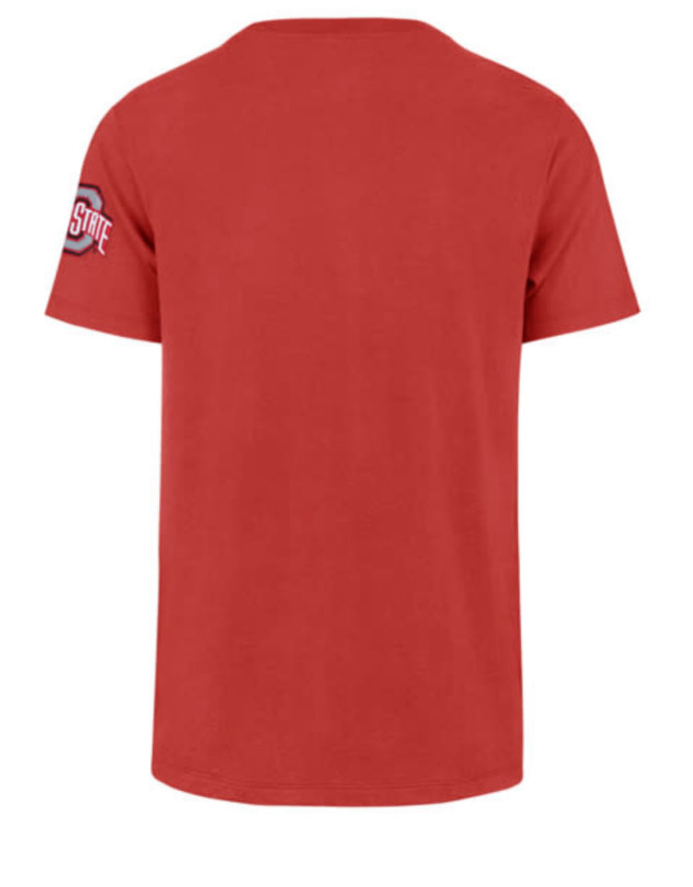 A red short-sleeve t-shirt shown from the back, featuring a small Ohio State logo patch on the left sleeve, set against a plain white background.