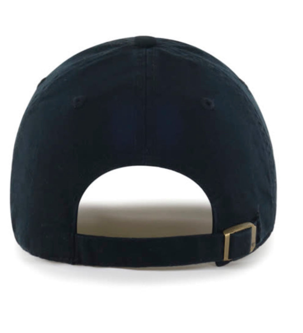 The back view of a dark navy blue baseball cap with an adjustable strap and a gold-tone metal buckle, shown on a white background.