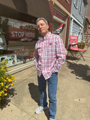 buckeye fan wearing button down striped shirt