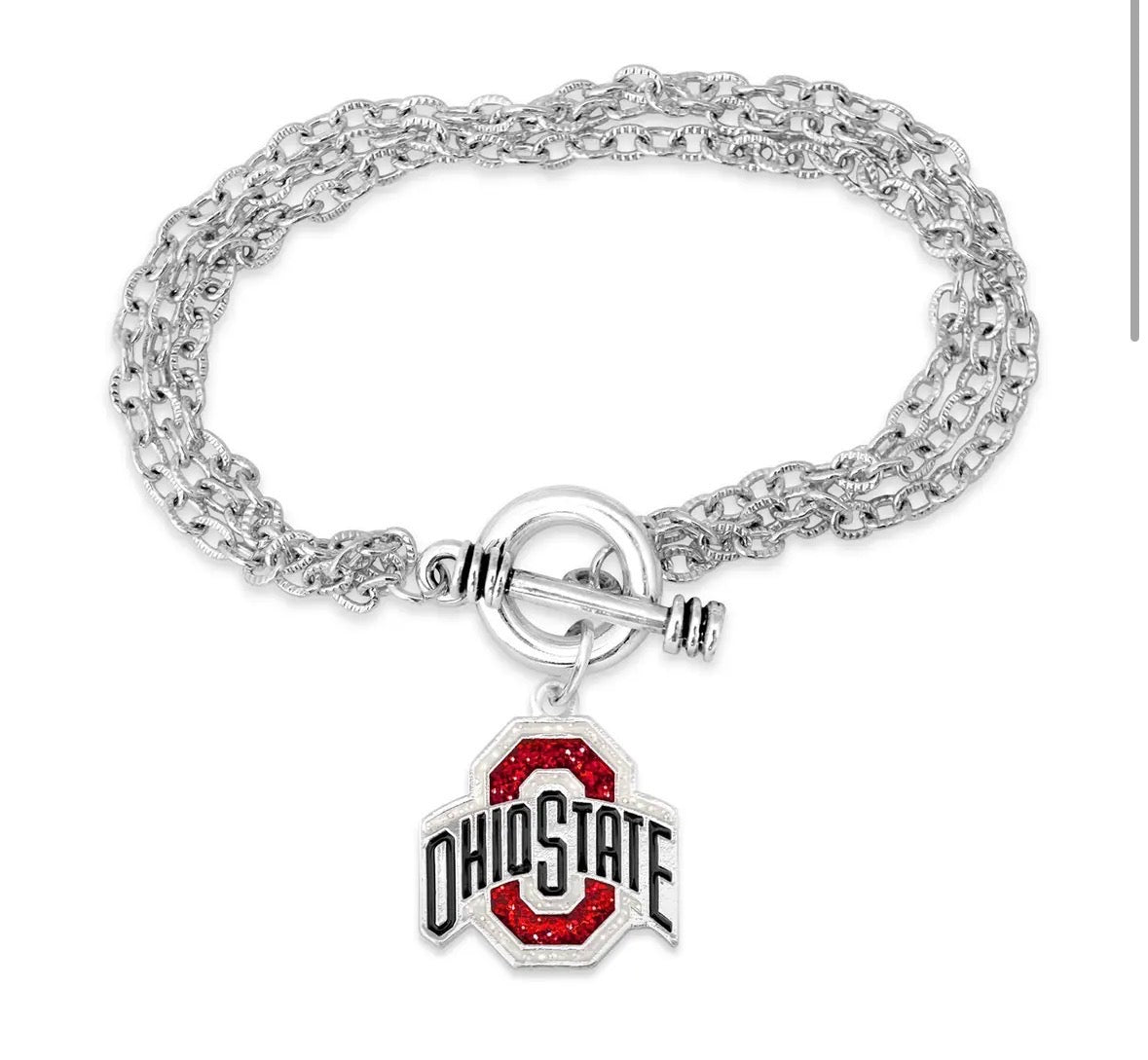 Silver bracelet with Ohio State charm on a white background