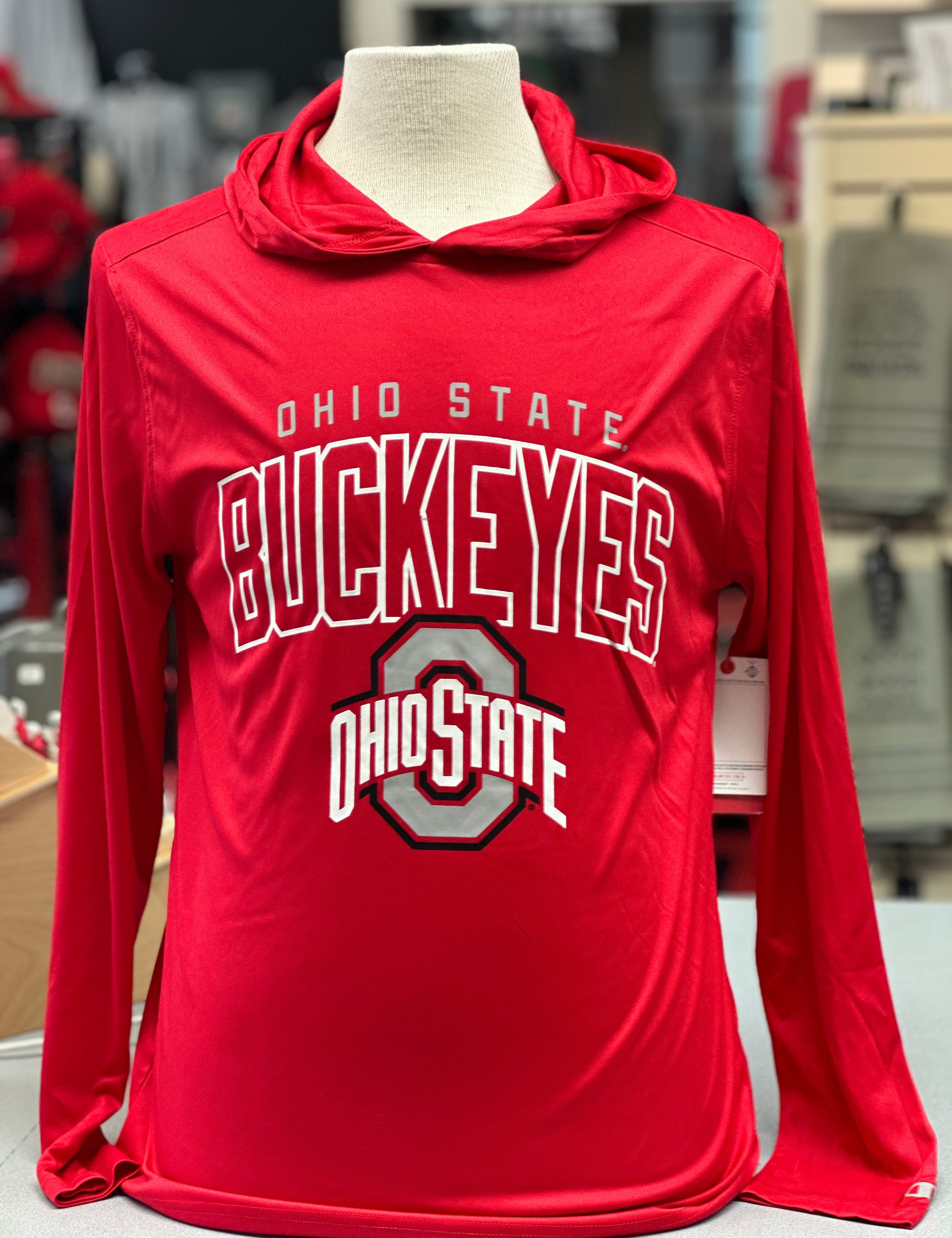 red SLEEVE HOODED PERFORMANCE SHIRT with ohio state logo