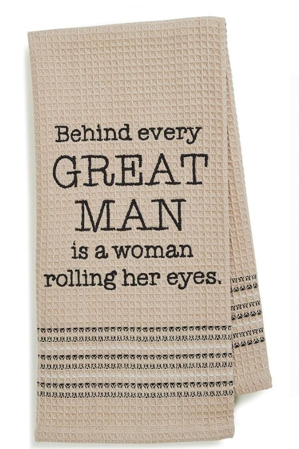Beige towel with humorous text on a white background