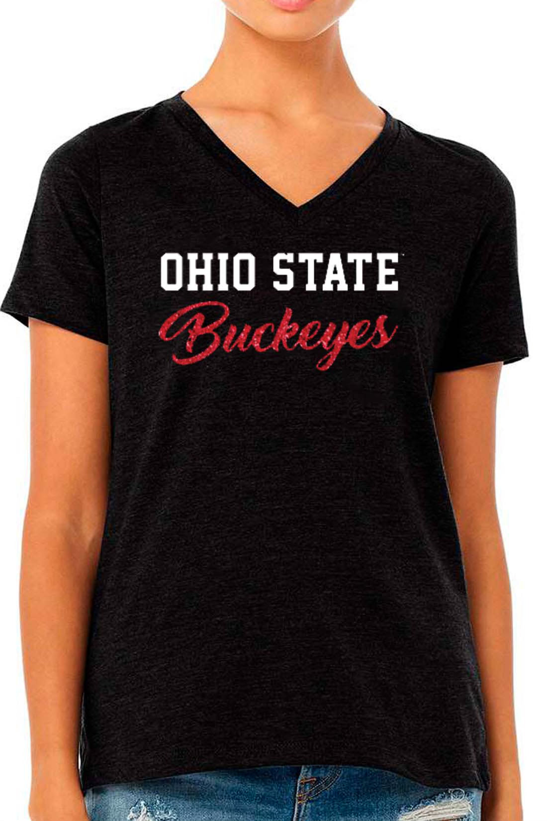 OHIO STATE “BUCKEYES BLING SCRIPT” V-NECK TEE - BLACK