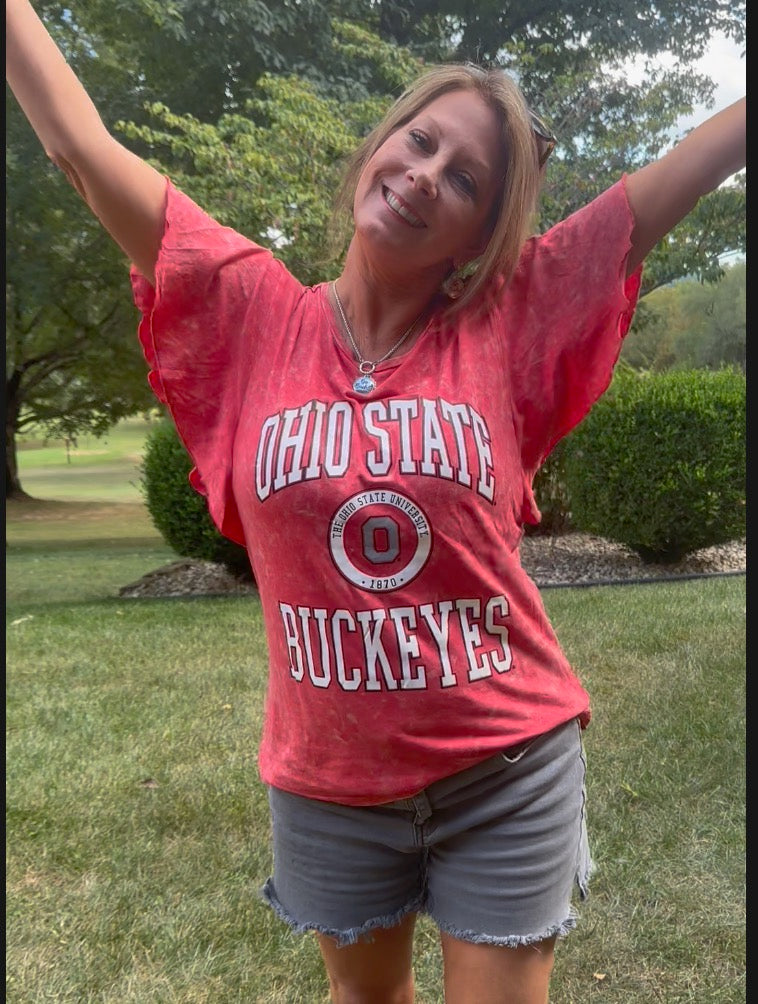 lynn wearing "Ohio State Buckeyes relaxed fit women’s tee with flowy sleeves