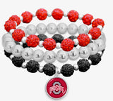 OHIO STATE UNIVERSITY AMANDA BLING BRACELET – TRIPLE STRETCH WITH CRYSTAL RED, SILVER & BLACK BEADS + ROUND LOGO CHARM