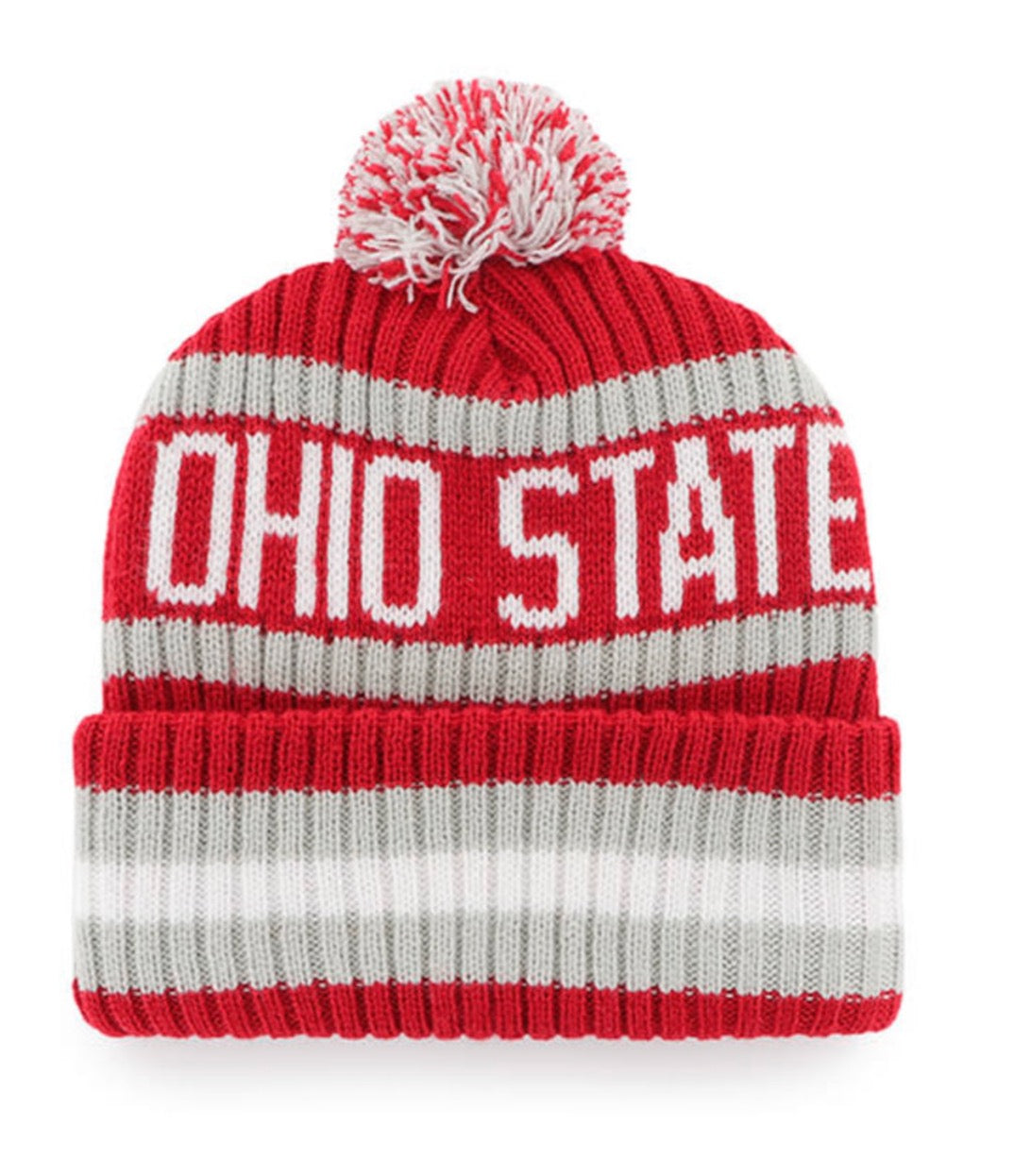 Red and white striped beanie with 'OHIO STATE' text on a white background
