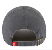 Gray cap with a red tag on a white background