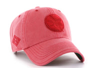 Pink baseball cap with a red circular logo on a white background