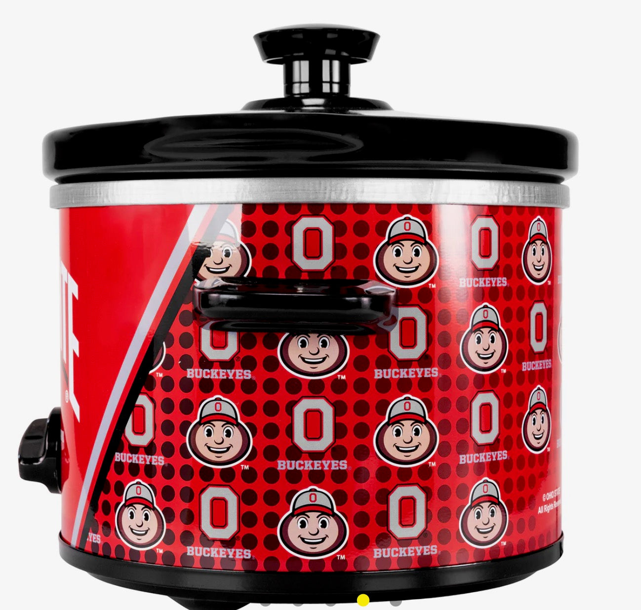 Red and black slow cooker with Ohio State Buckeyes design