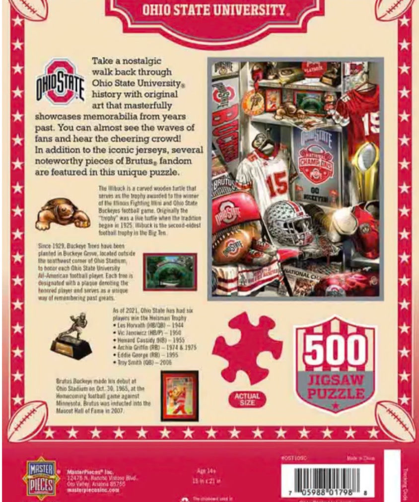 back of box, OHIO STATE BUCKEYES LOCKER ROOM 500 PIECE PUZZLE